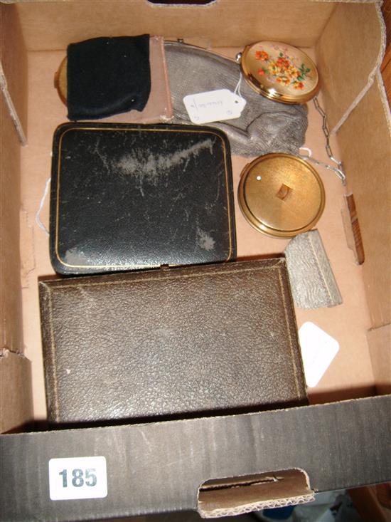 Pair silver-backed brushes & comb & 6 plated bean end coffee spoons (both cased), two mesh purses & 4 powder compacts